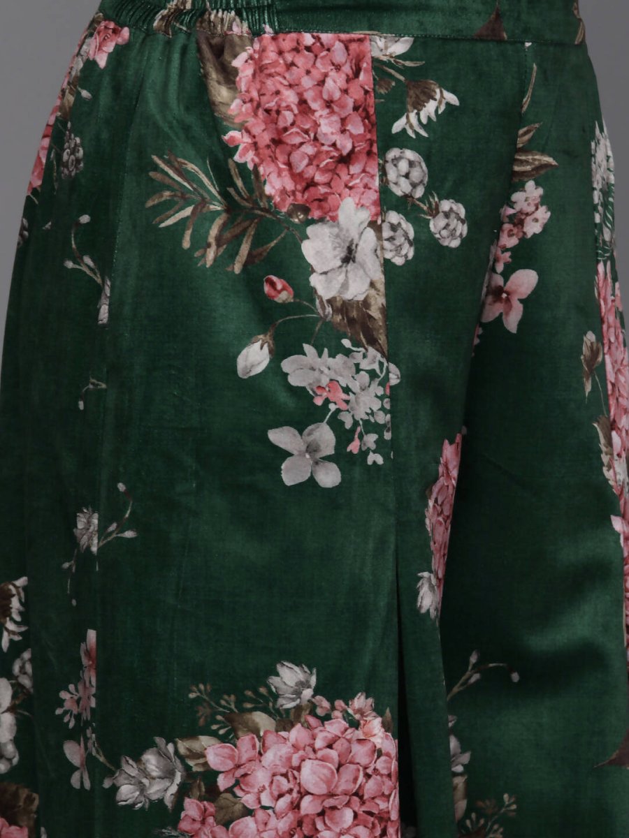Ahalyaa Women Floral Printed Velvet Tunic with Palazzos - Green Color