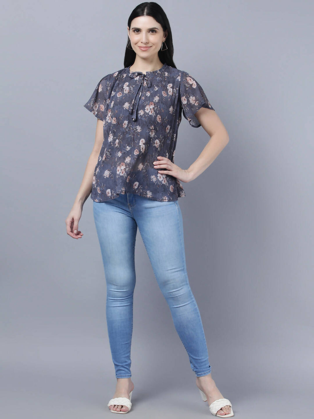Myshka Women Charcoal Grey Peach-Coloured Floral Print Tie-Up Neck Georgette Top - Distacart