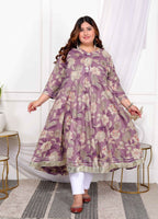 Miravan Women's Plus Size Purple Flower Printed With Beautiful Lace Border Details Anarkali Kurta