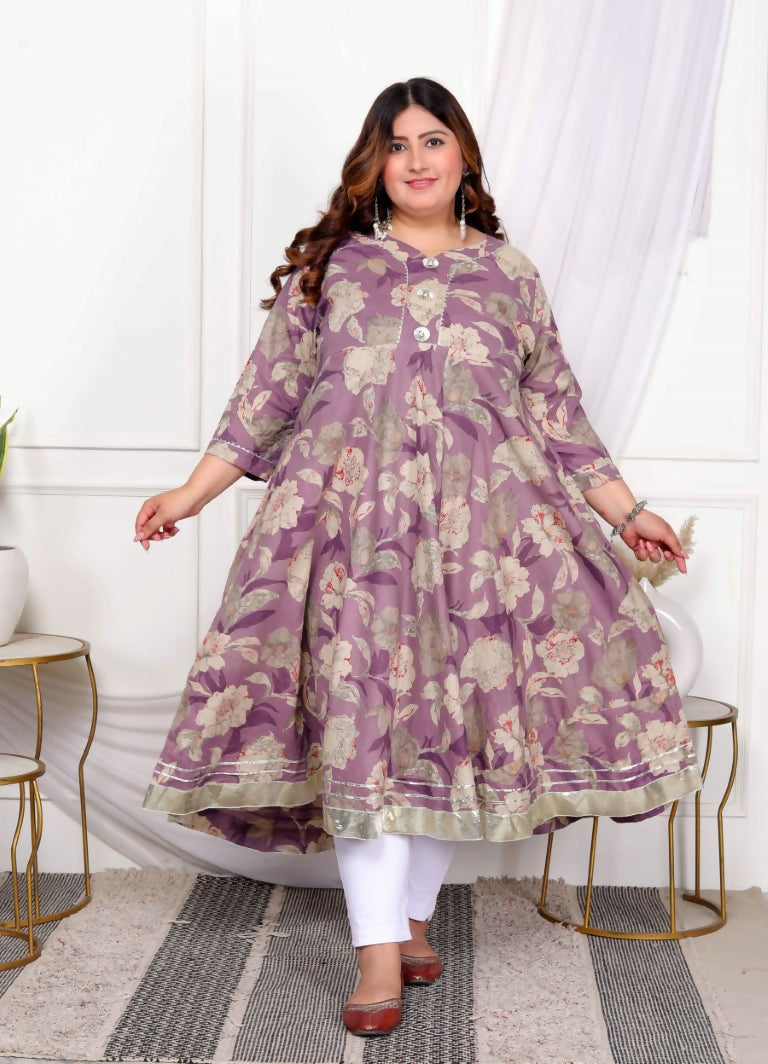 Miravan Women's Plus Size Purple Flower Printed With Beautiful Lace Border Details Anarkali Kurta