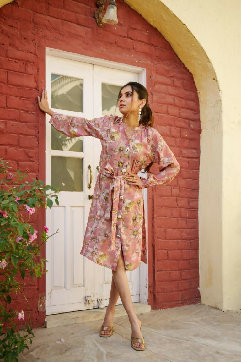 Vaasva Women Pink Muslin Floral Printed Knee Length Dress - Distacart