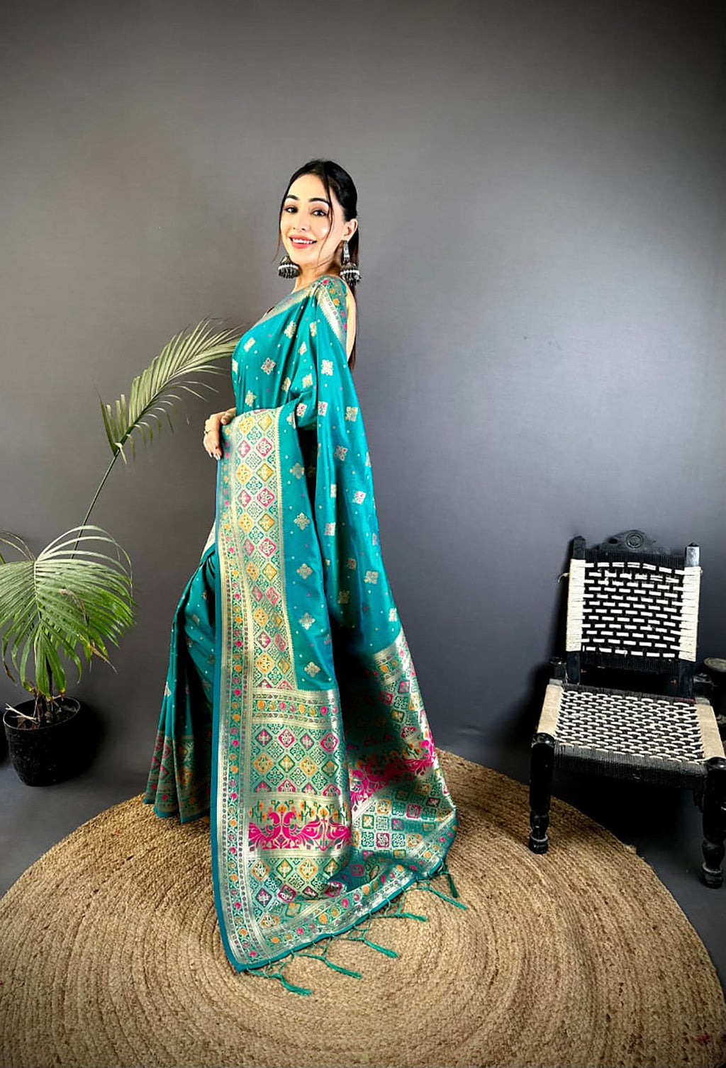 Joban Fashion Teal Banarasi Lichi Silk Meenakari Weaving Saree - Distacart