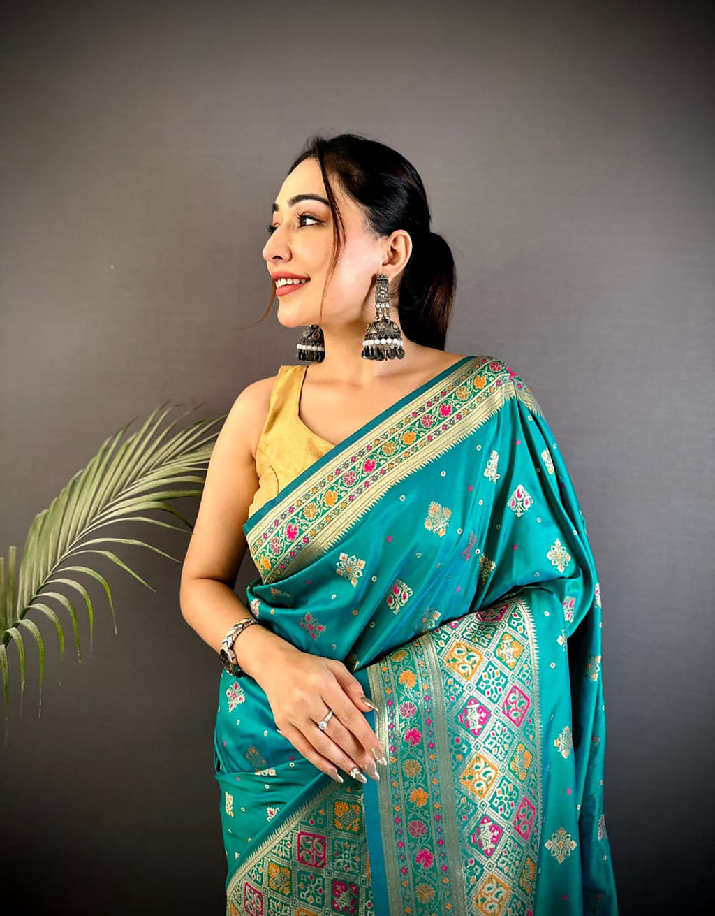 Joban Fashion Teal Banarasi Lichi Silk Meenakari Weaving Saree - Distacart