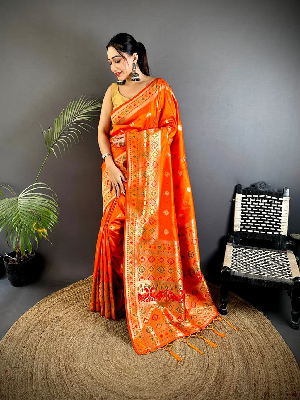 Joban Fashion Orange Banarasi Lichi Silk Meenakari Weaving Saree - Distacart