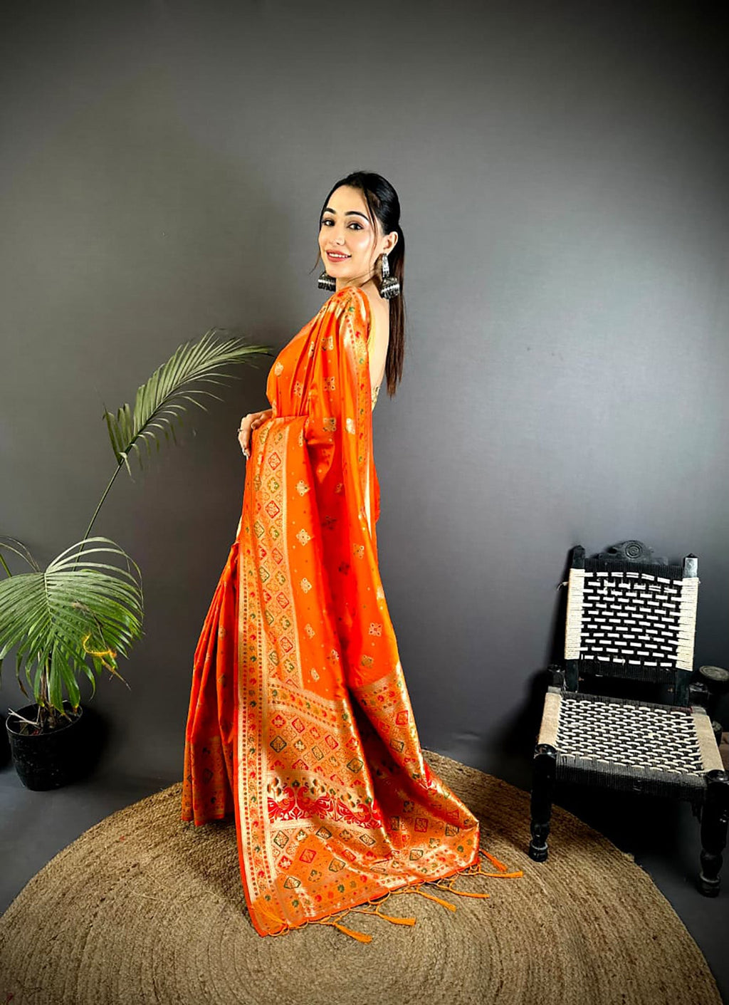 Joban Fashion Orange Banarasi Lichi Silk Meenakari Weaving Saree - Distacart