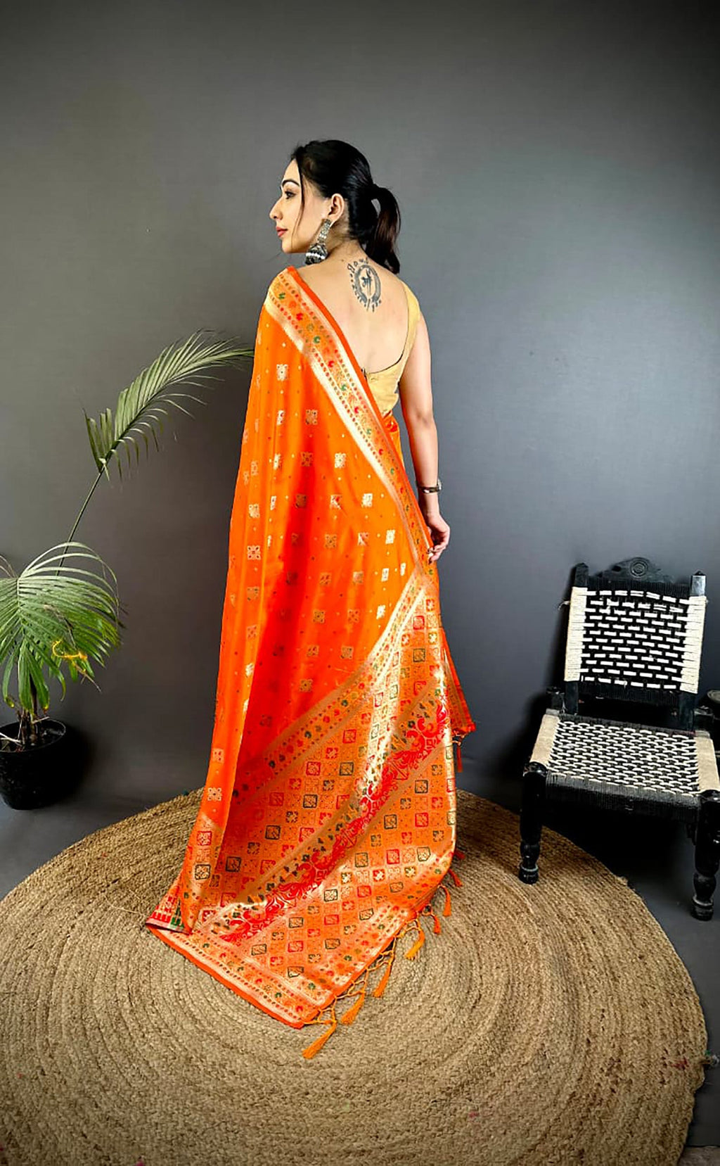 Joban Fashion Orange Banarasi Lichi Silk Meenakari Weaving Saree - Distacart