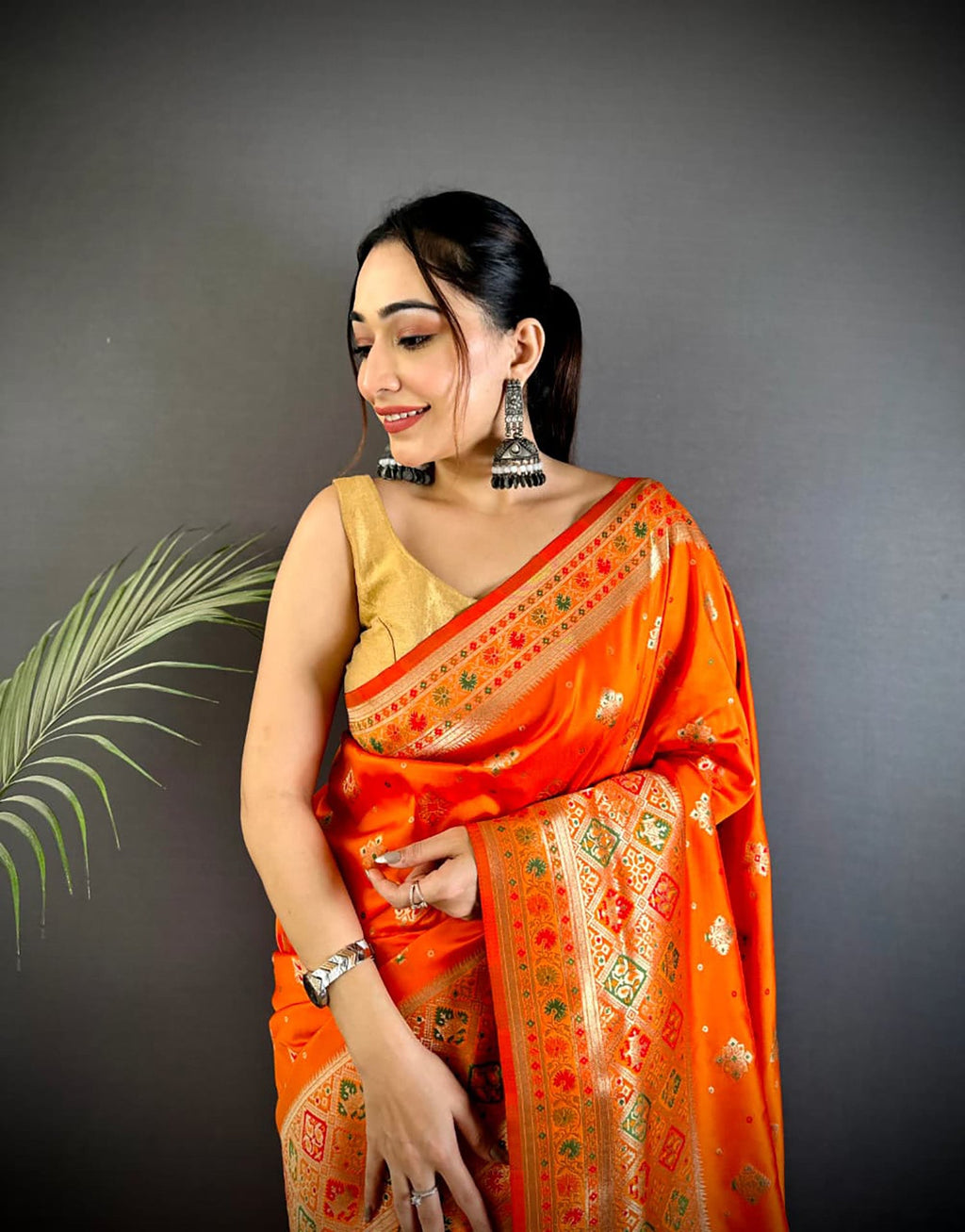 Joban Fashion Orange Banarasi Lichi Silk Meenakari Weaving Saree - Distacart