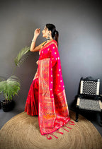 Joban Fashion Coral Pink Banarasi Lichi Silk Meenakari Weaving Saree - Distacart
