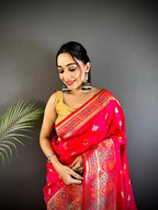 Joban Fashion Coral Pink Banarasi Lichi Silk Meenakari Weaving Saree - Distacart