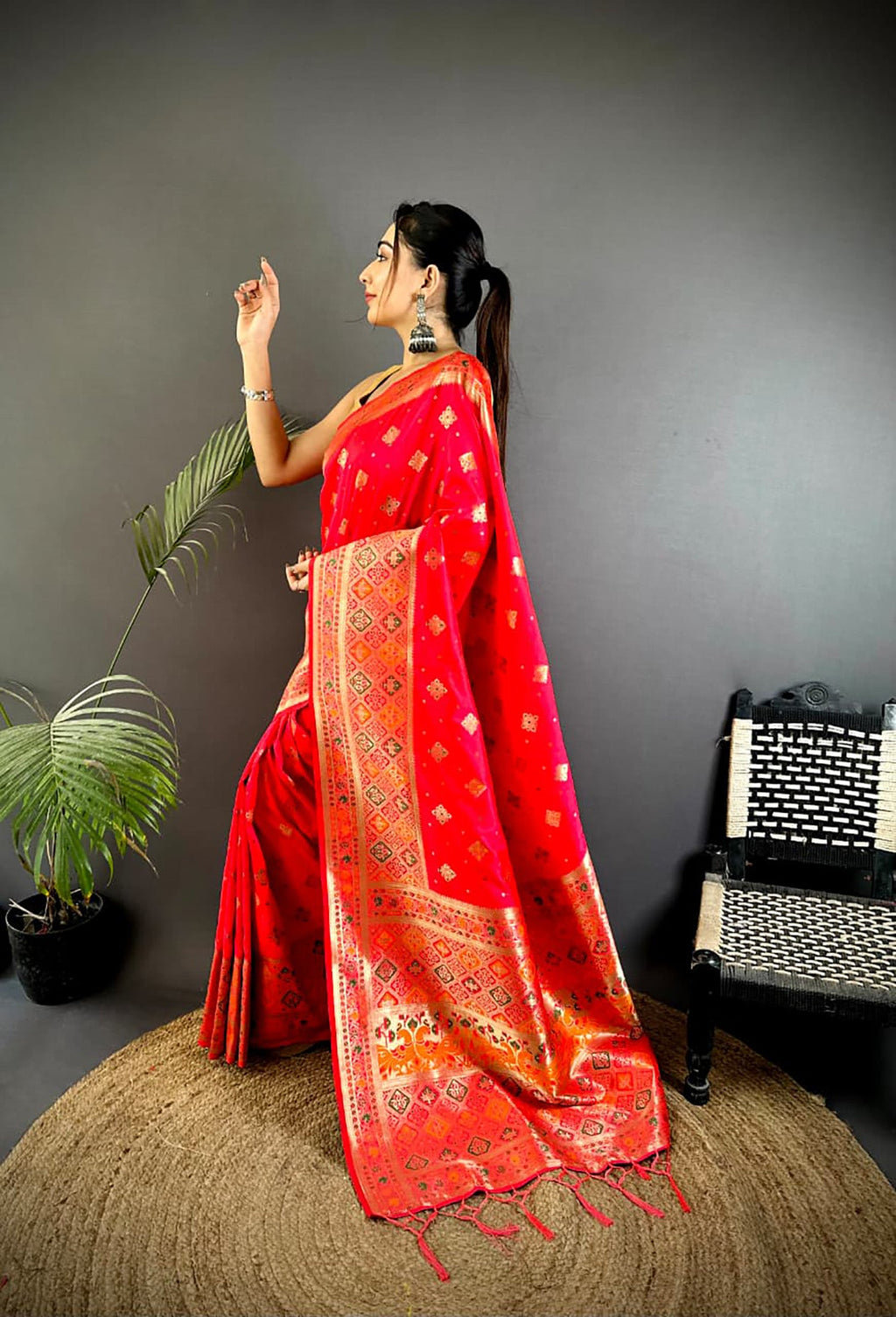 Joban Fashion Red Banarasi Lichi Silk Meenakari Weaving Saree - Distacart