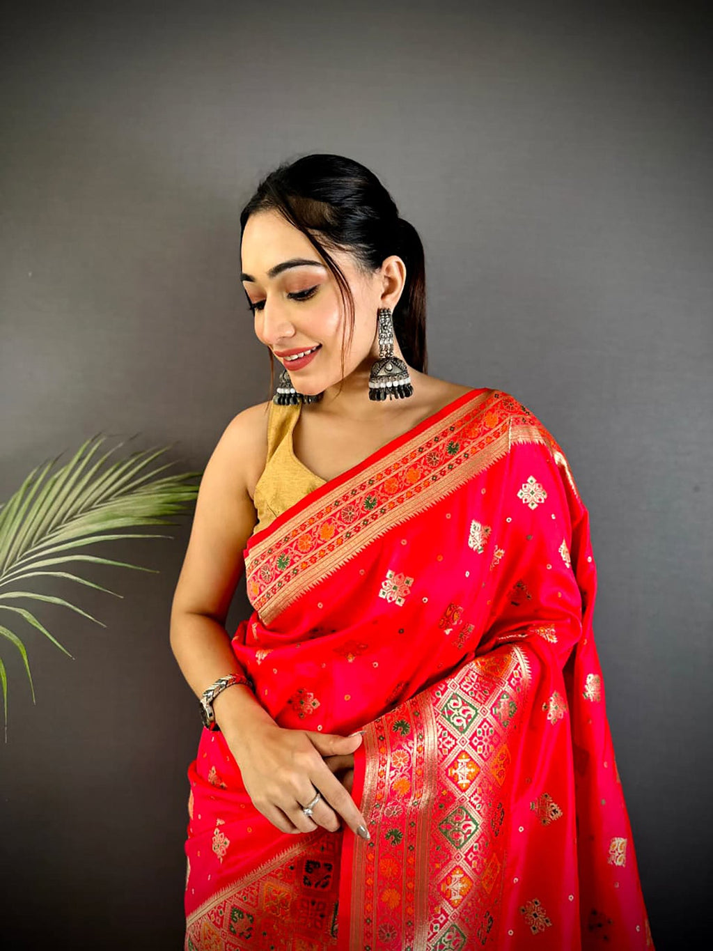 Joban Fashion Red Banarasi Lichi Silk Meenakari Weaving Saree - Distacart