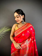 Joban Fashion Red Banarasi Lichi Silk Meenakari Weaving Saree - Distacart