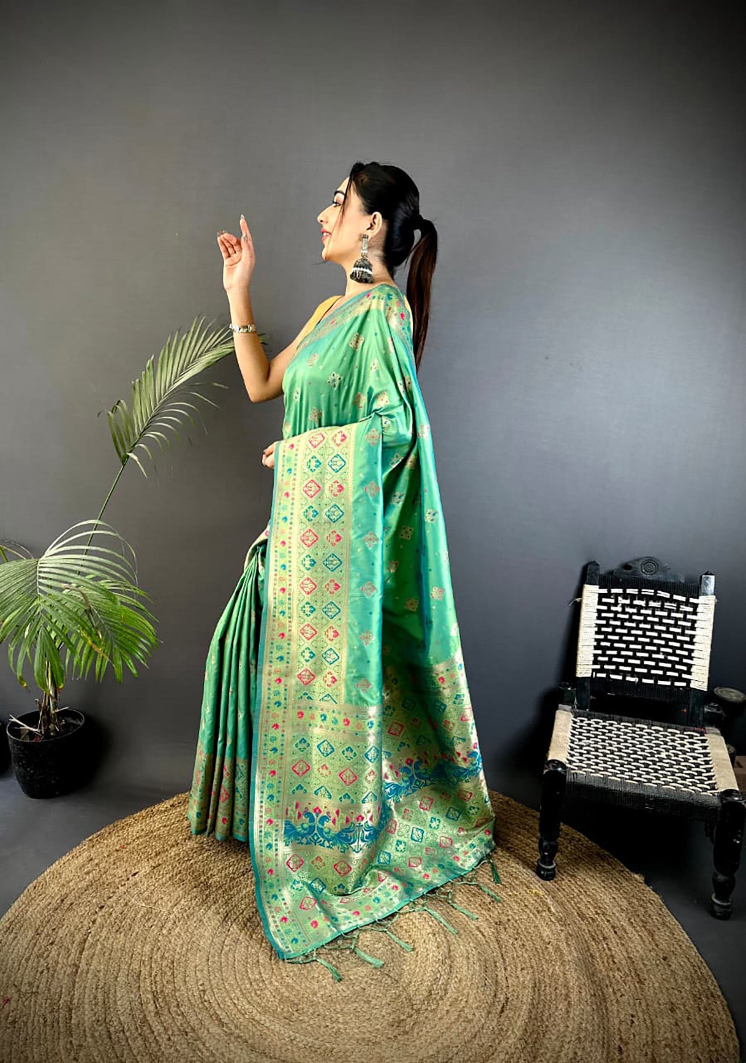 Joban Fashion Sea Green Banarasi Lichi Silk Meenakari Weaving Saree - Distacart