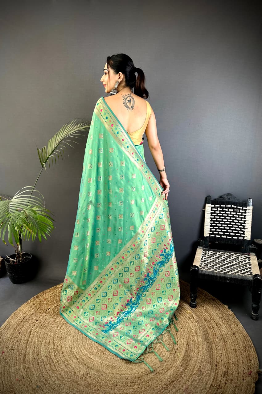Joban Fashion Sea Green Banarasi Lichi Silk Meenakari Weaving Saree - Distacart