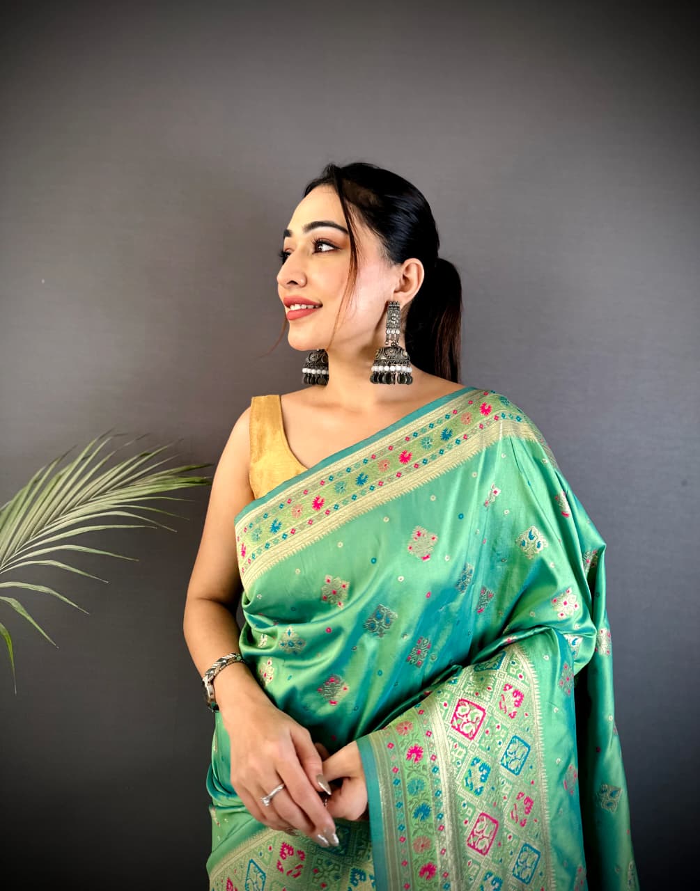 Joban Fashion Sea Green Banarasi Lichi Silk Meenakari Weaving Saree - Distacart