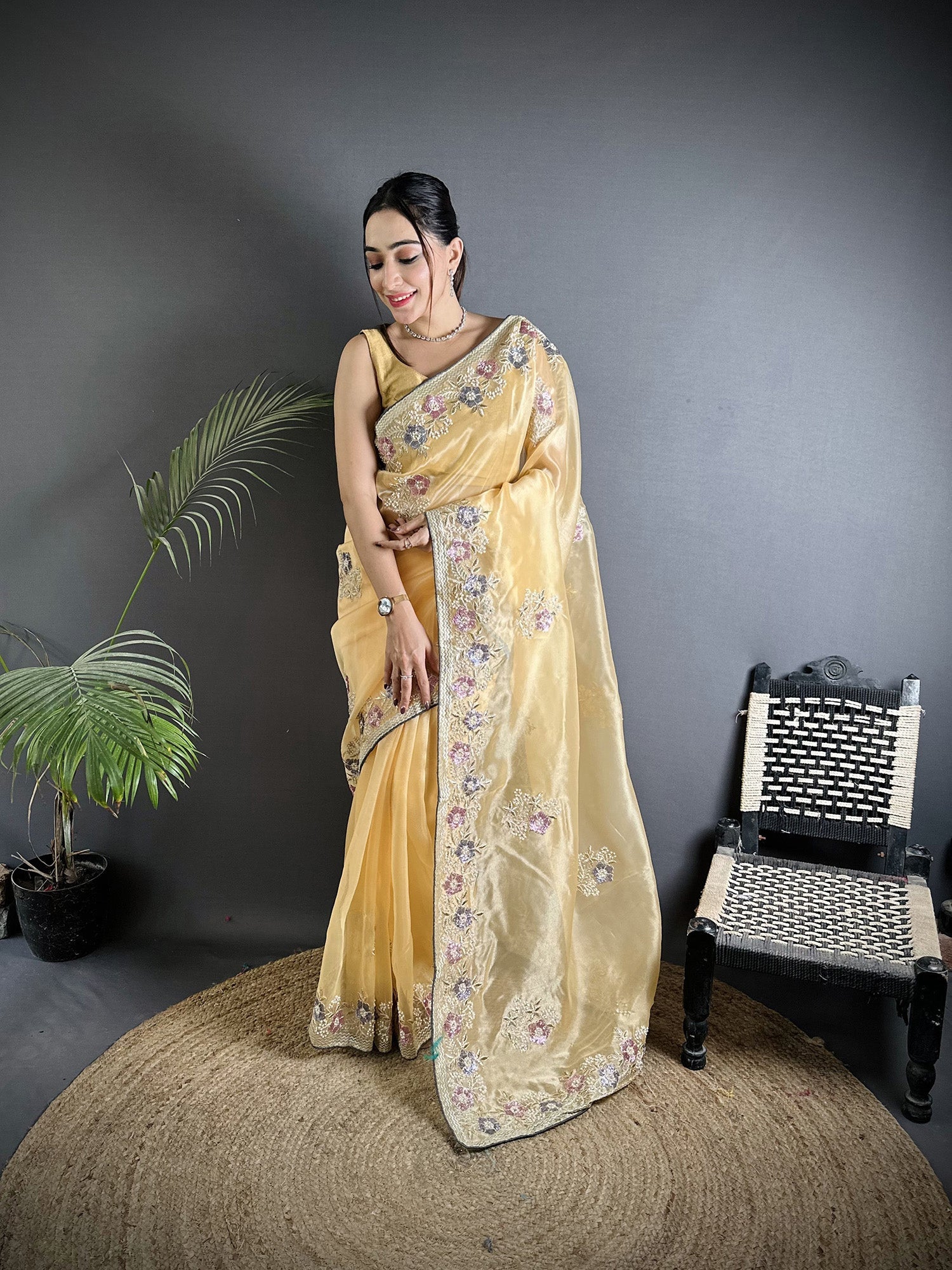 Joban Fashion Bright Yellow Organza Silk Dubble Sequence Saree - Distacart