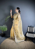 Joban Fashion Bright Yellow Organza Silk Dubble Sequence Saree - Distacart