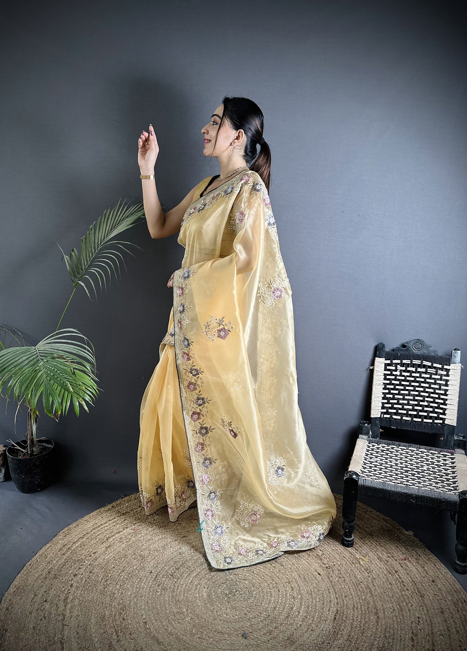 Joban Fashion Bright Yellow Organza Silk Dubble Sequence Saree - Distacart