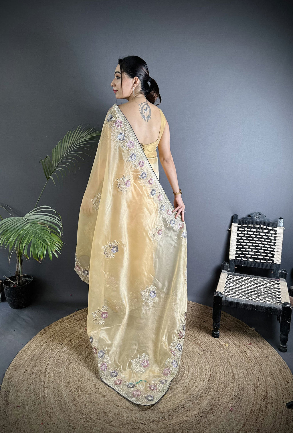 Joban Fashion Bright Yellow Organza Silk Dubble Sequence Saree - Distacart
