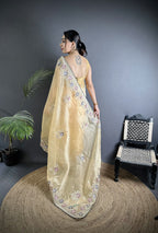 Joban Fashion Bright Yellow Organza Silk Dubble Sequence Saree - Distacart