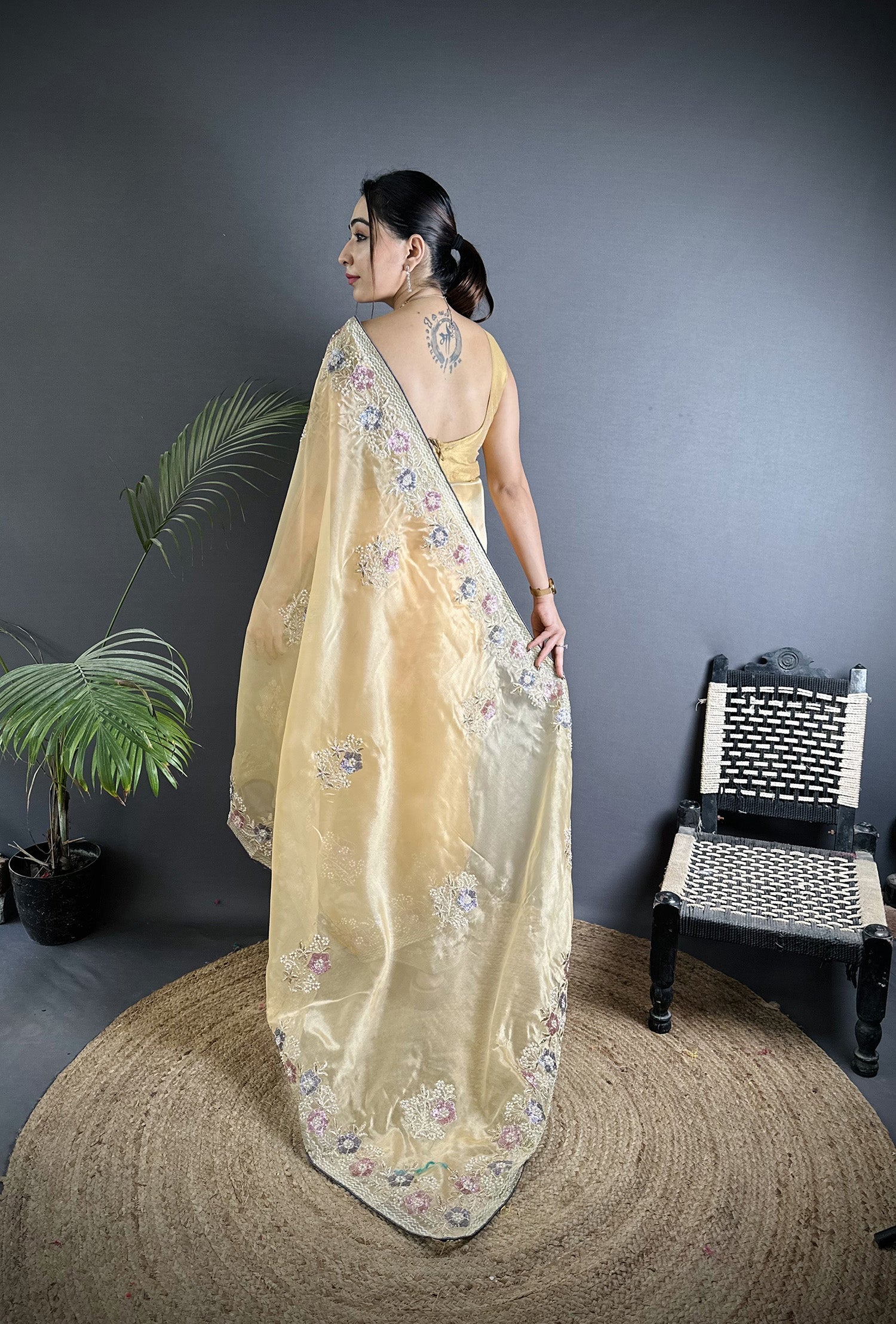 Joban Fashion Bright Yellow Organza Silk Dubble Sequence Saree - Distacart