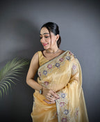 Joban Fashion Bright Yellow Organza Silk Dubble Sequence Saree - Distacart