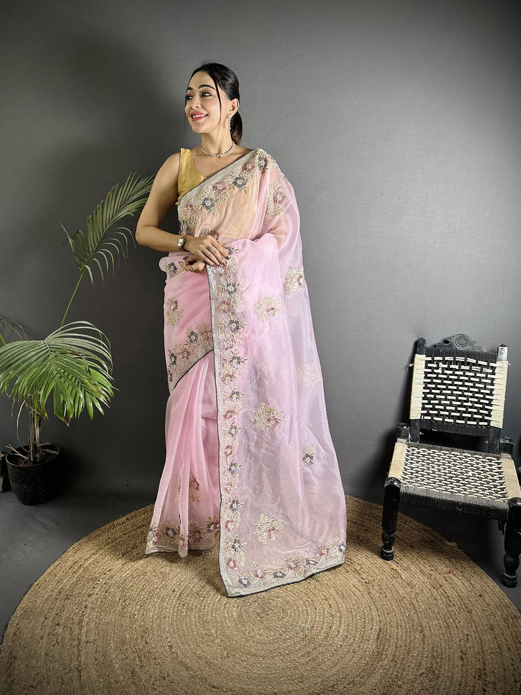 Joban Fashion Light Pink Organza Silk Dubble Sequence Saree - Distacart