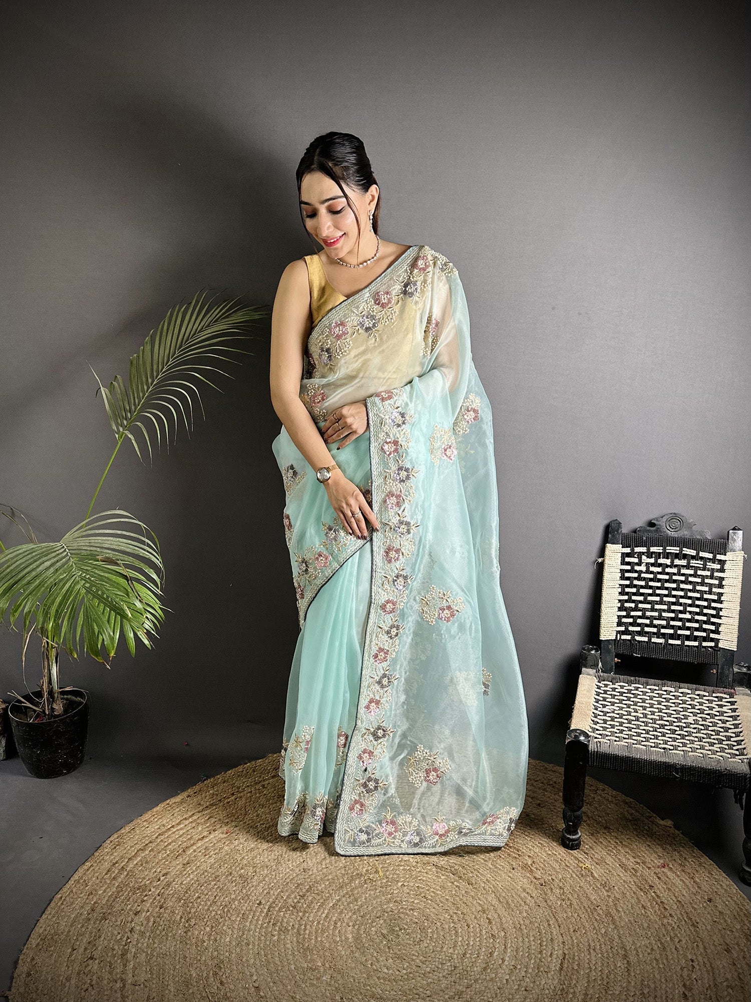 Joban Fashion Sky Blue Organza Silk Dubble Sequence Saree - Distacart
