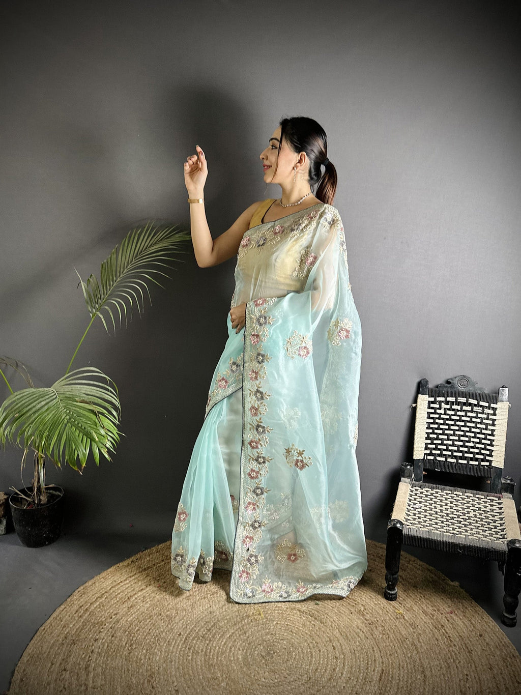 Joban Fashion Sky Blue Organza Silk Dubble Sequence Saree - Distacart