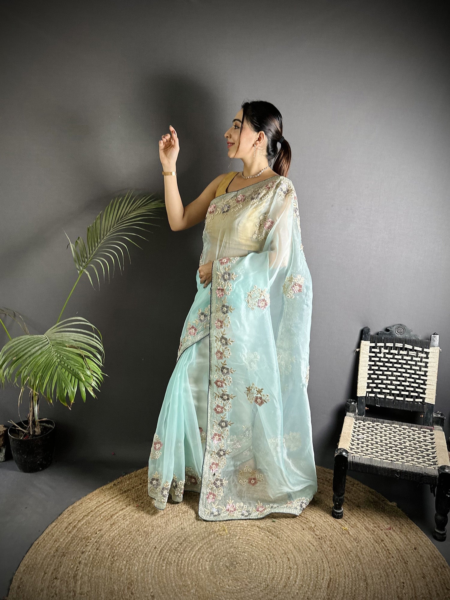 Joban Fashion Sky Blue Organza Silk Dubble Sequence Saree - Distacart