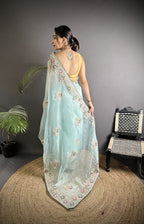 Joban Fashion Sky Blue Organza Silk Dubble Sequence Saree - Distacart