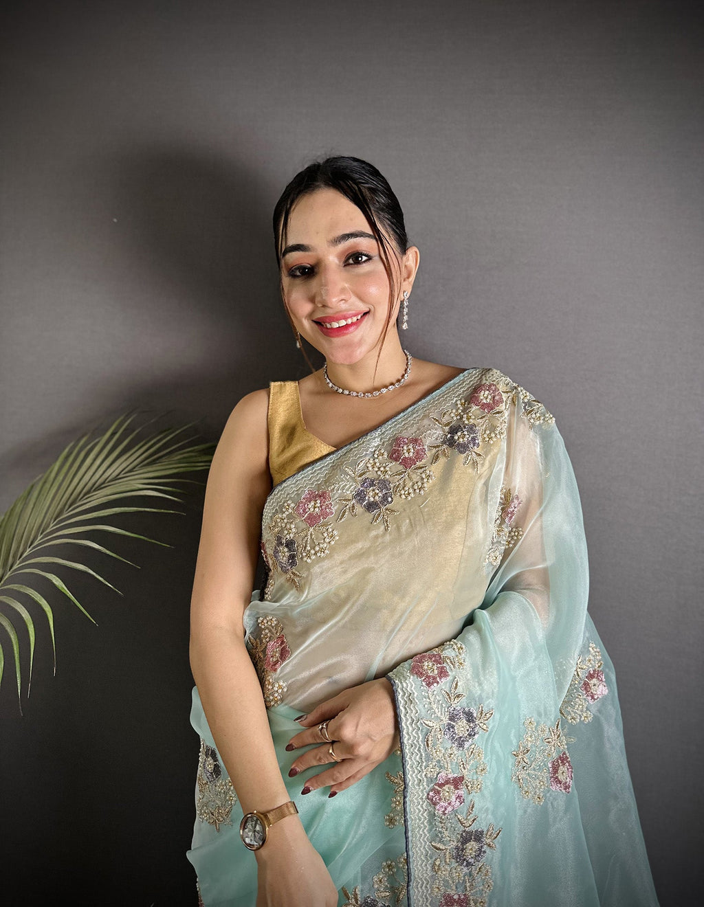 Joban Fashion Sky Blue Organza Silk Dubble Sequence Saree - Distacart