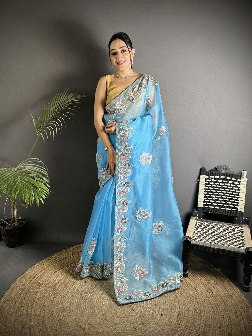 Joban Fashion Light Turquoise Organza Silk Dubble Sequence Saree - Distacart