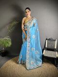 Joban Fashion Light Turquoise Organza Silk Dubble Sequence Saree - Distacart