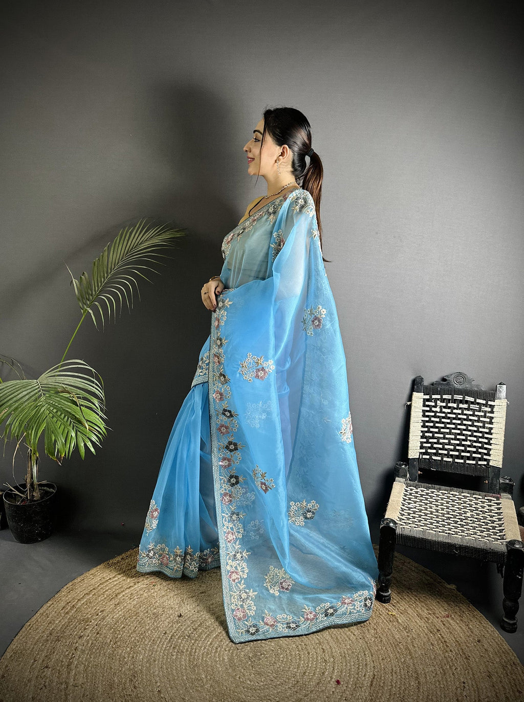 Joban Fashion Light Turquoise Organza Silk Dubble Sequence Saree - Distacart