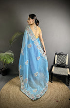 Joban Fashion Light Turquoise Organza Silk Dubble Sequence Saree - Distacart