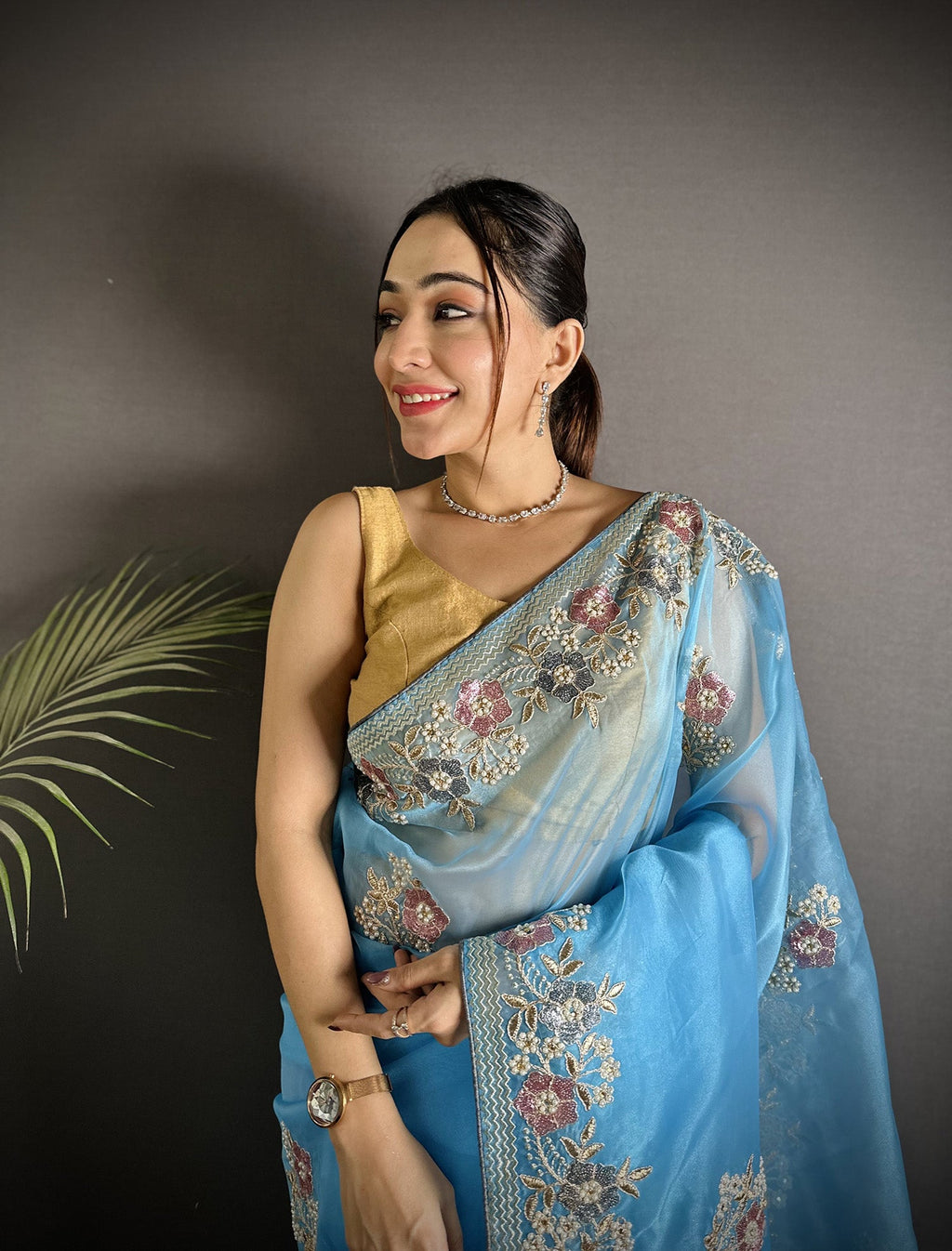 Joban Fashion Light Turquoise Organza Silk Dubble Sequence Saree - Distacart