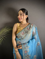 Joban Fashion Light Turquoise Organza Silk Dubble Sequence Saree - Distacart
