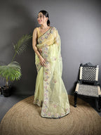Joban Fashion Pale Prim Yellow Organza Silk Dubble Sequence Saree - Distacart