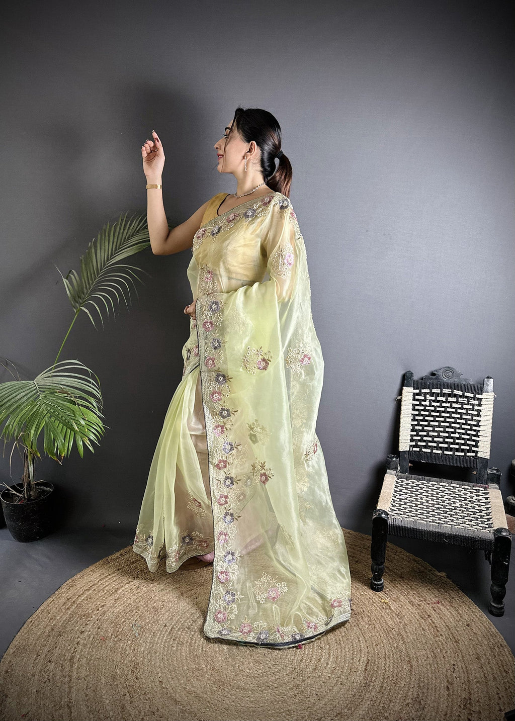 Joban Fashion Pale Prim Yellow Organza Silk Dubble Sequence Saree - Distacart
