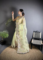 Joban Fashion Pale Prim Yellow Organza Silk Dubble Sequence Saree - Distacart