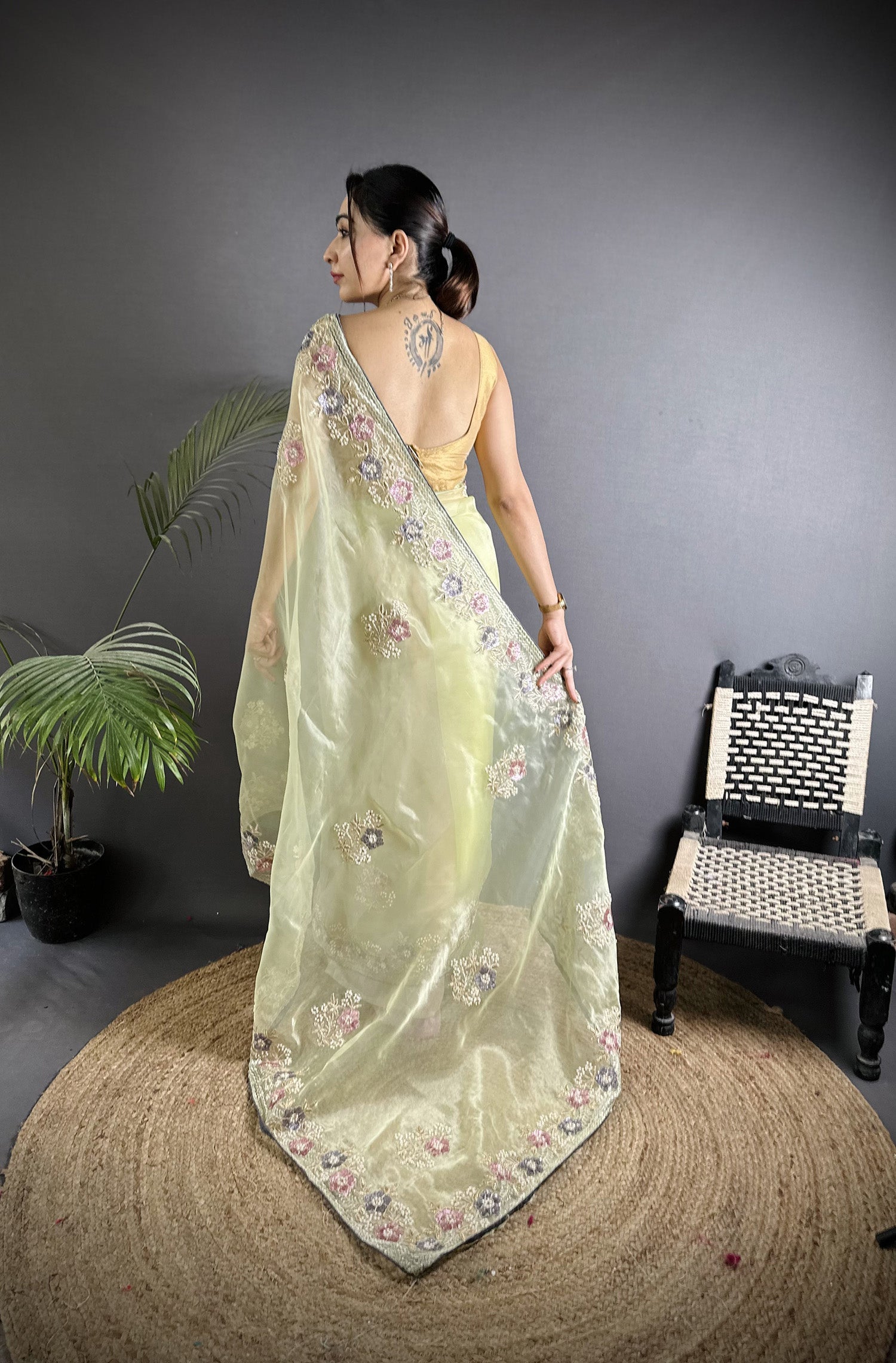 Joban Fashion Pale Prim Yellow Organza Silk Dubble Sequence Saree - Distacart