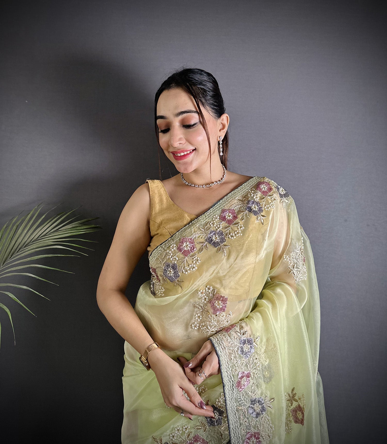 Joban Fashion Pale Prim Yellow Organza Silk Dubble Sequence Saree - Distacart
