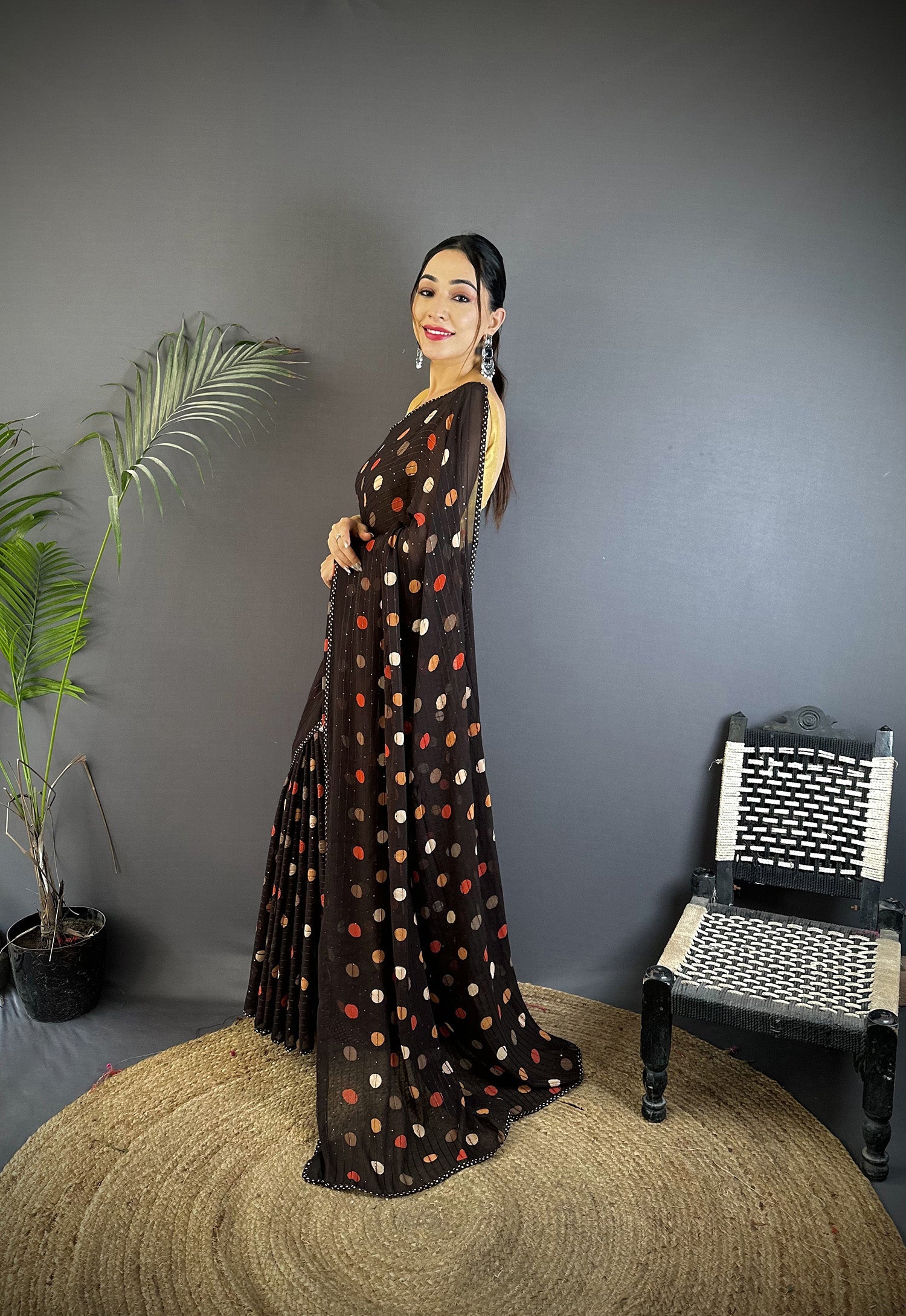 Joban Fashion Black Georgette Polka Dot Pattern Saree - Distacart