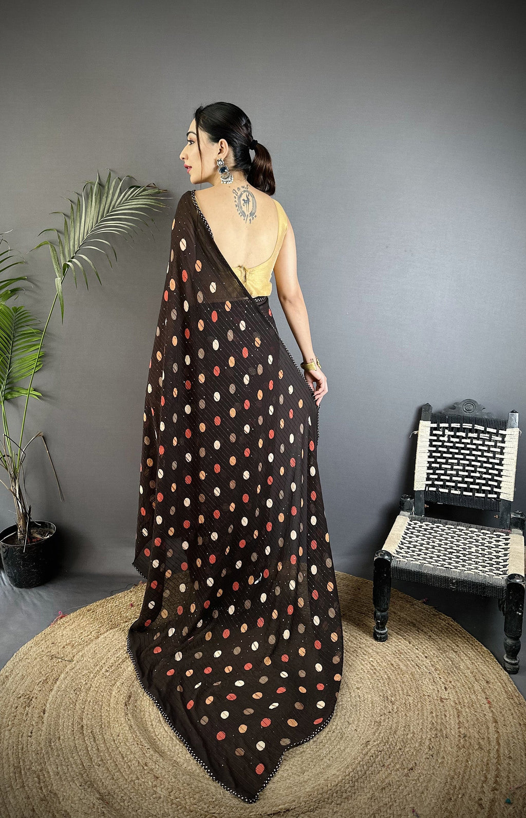 Joban Fashion Black Georgette Polka Dot Pattern Saree - Distacart