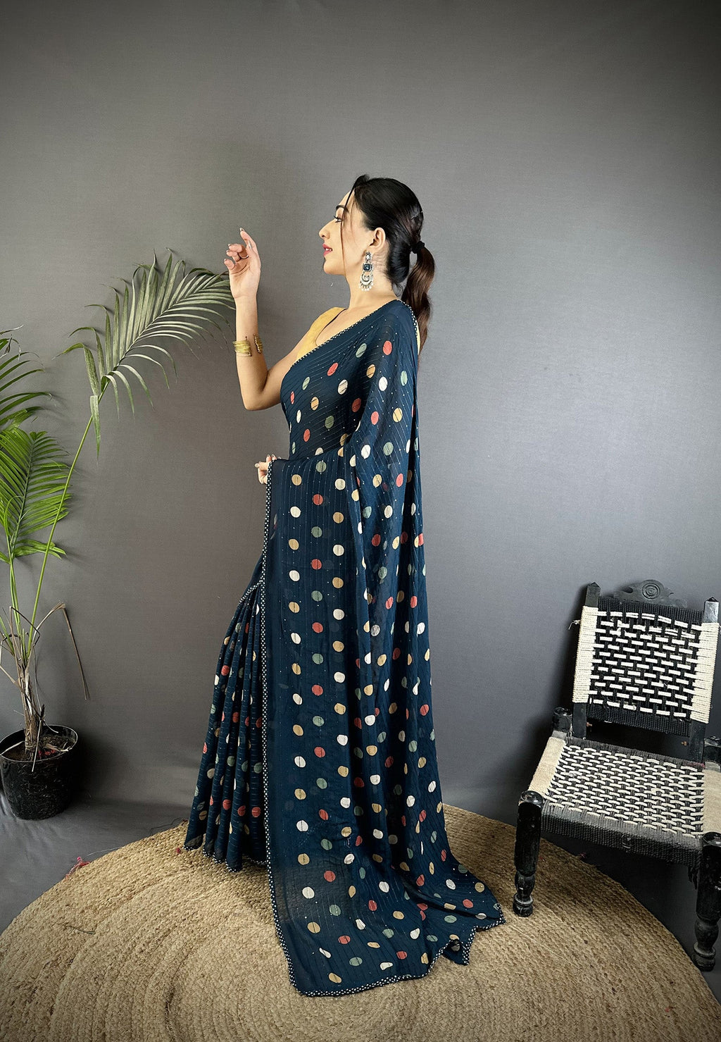 Joban Fashion Deep Blue Georgette Polka Dot Pattern Saree - Distacart