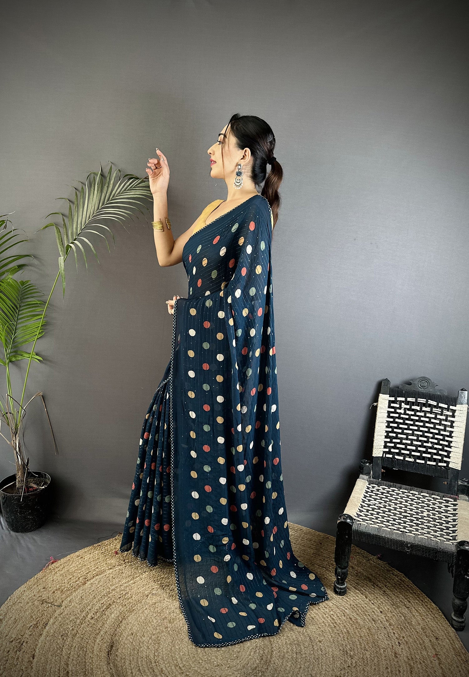 Joban Fashion Deep Blue Georgette Polka Dot Pattern Saree - Distacart