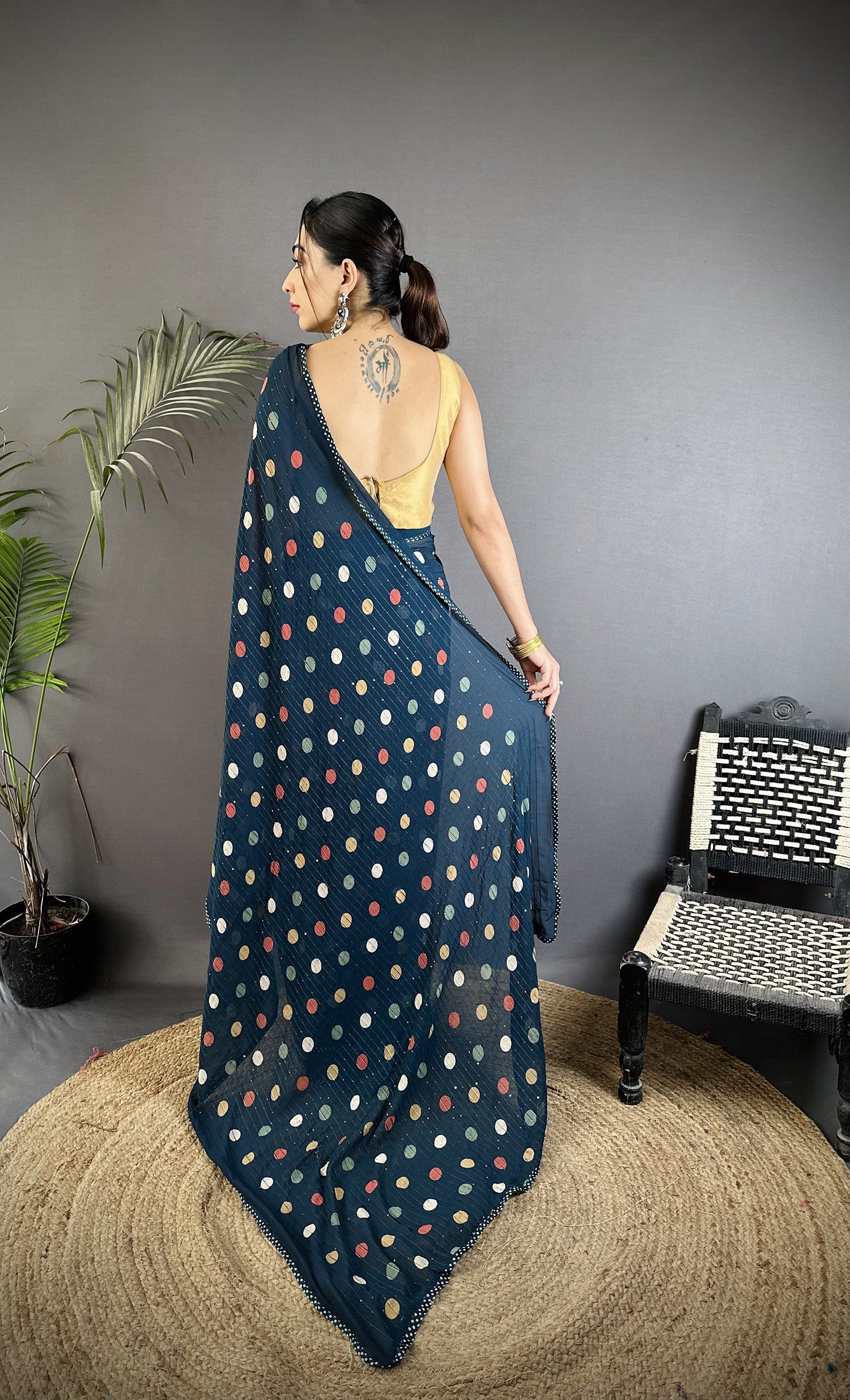 Joban Fashion Deep Blue Georgette Polka Dot Pattern Saree - Distacart