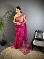 Joban Fashion Fuchsia Georgette Floral Embroidered Saree - Distacart