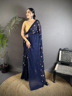 Joban Fashion Navy Blue Georgette Polka Dot Pattern Saree - Distacart